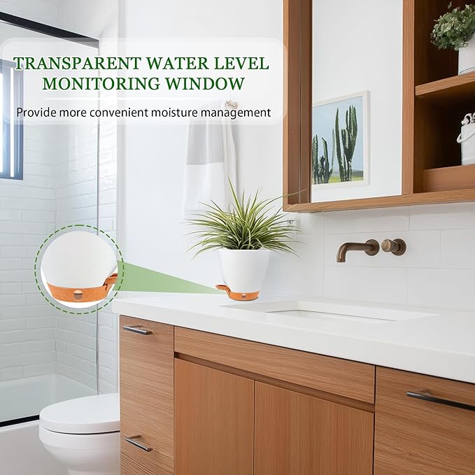 6 Inch Self Watering Pots for Indoor Plants (5-Pack) β Small Plastic Planters with Water Window, Drainage Holes & Trays, Indoor Outdoor Flower Pots for Herbs, Succulents, Home Garden Decor (White)