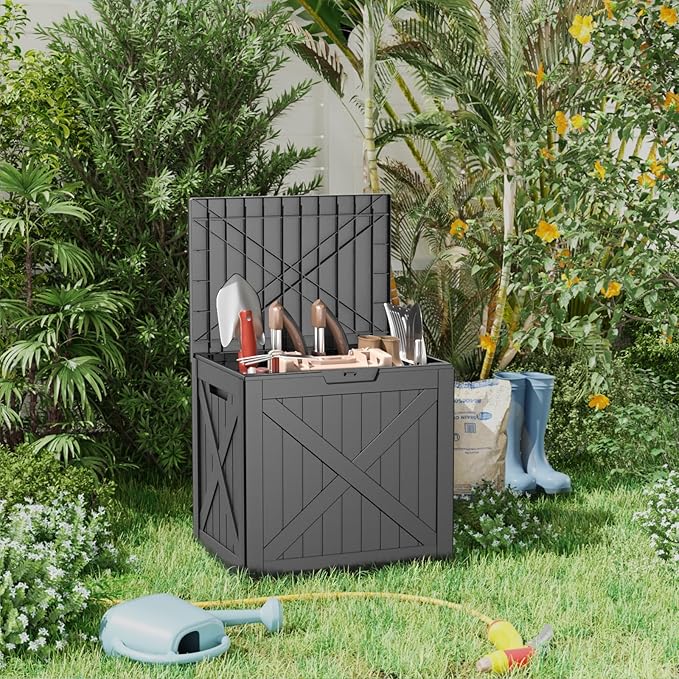 DRATO 32 Gallon Deck Box X pattern, Outdoor Storage Box for Patio Cushion, Garden Tools,Waterproof Patio Storage box, Lockable๏ผBlack๏ผ32 Gallon๏ผ