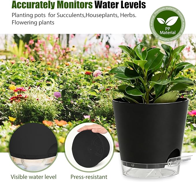 Plant Pots 5 Inch Self Watering Pots,6 Pack Plastic Planters with Drainage Holes and Clear Saucers,Plastic Flower Pots,Nursery Planting Pot for Indoor Out Door Plants (Black)