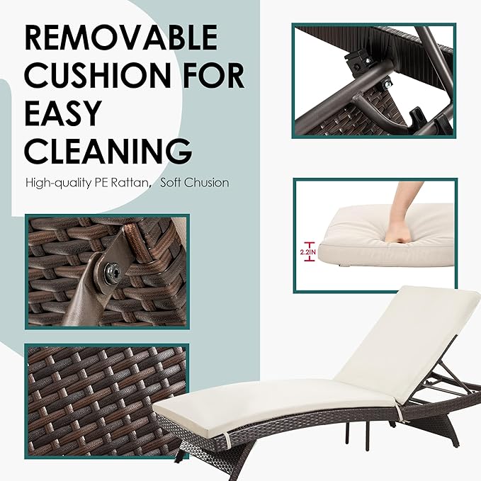 Pamapic Patio Chaise Lounge Set 2 Pieces,Patio Lounge Chair with Adjustable Backrest and Removable Cushion, Outdoor Pool Lounge Chair Set for Patio Poolside Backyard Porch