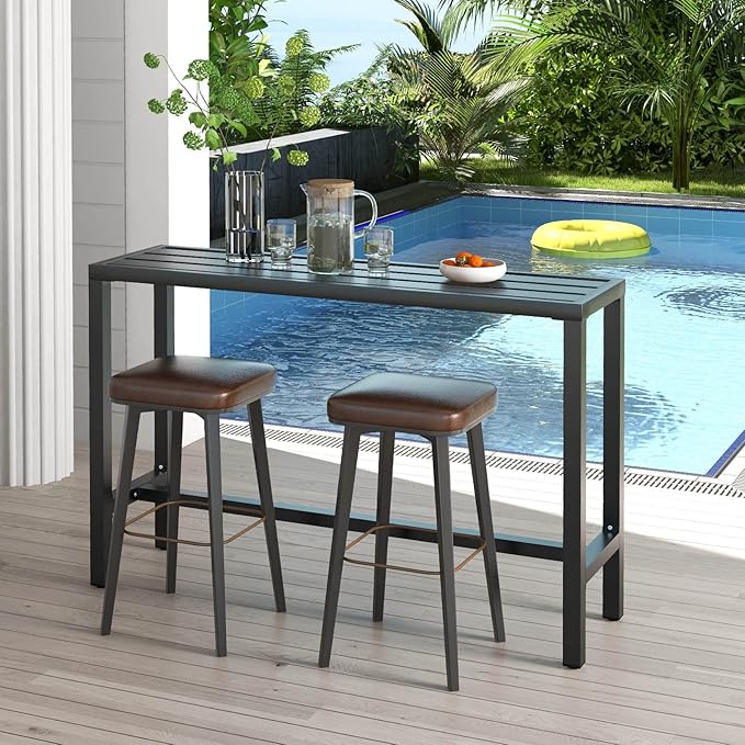 COSTWAY Outdoor Bar Table 55-inch Wide, Narrow Counter Height Dining Table with Waterproof Top and Heavy-Duty Metal Frame, Rectangular Pub Table for Garden Patio Backyard Poolside, Black