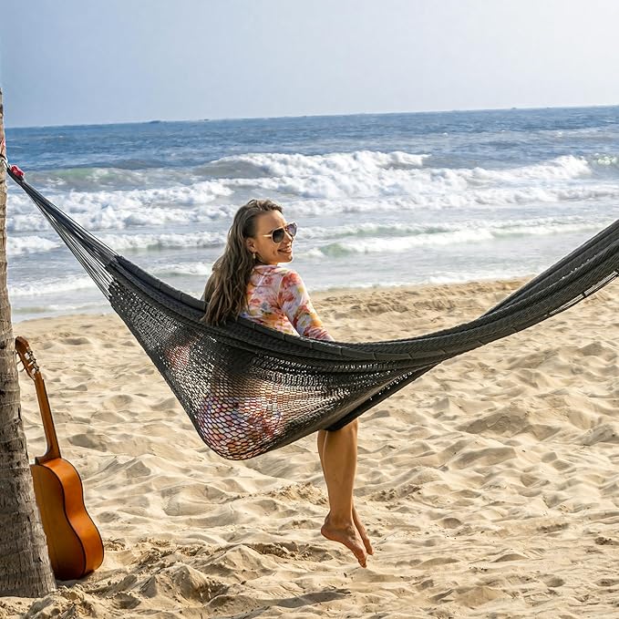 Lazy Daze Hammocks Handwoven Mayan Hammock, 10.5 FT Soft Rope Double Hammocks, Portable Outdoor Hammock with Carry Bag, 2 Straps & Carabiners for Patio Outside, 550 lbs Weight Capacity, Gray