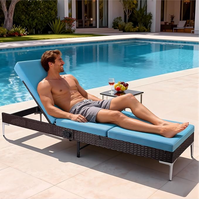 HOMREST Outdoor Chaise with Pneumatic Adjustable Backrest, Rattan Pool Sunbathing Chair - Turquoise