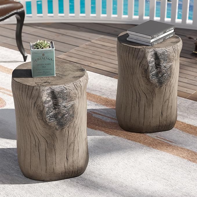 SUNBURY Outdoor Side Table Set of 2, Tree Stump Side Table Grey Colored Faux Wood, End Table Wood Stump Stool, Ottoman or Plant Stand, Deck or Garden