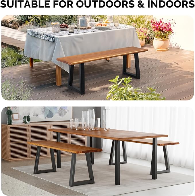 VINGLI Outdoor Bench with Metal Legs Rustic, Wood Dining Bench Indoor Outdoor Porch Bench for Yard Garden Dining (57in)