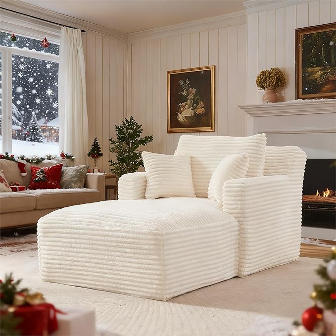 65.4" Chaise Lounge Chair Indoor, Oversized Boneless Couch Comfy Upholstered Sleeper Sofa Bed with 3 Pillows, Corduroy Cloud Reading Chair for Living Room No Assembly Required, White Beige