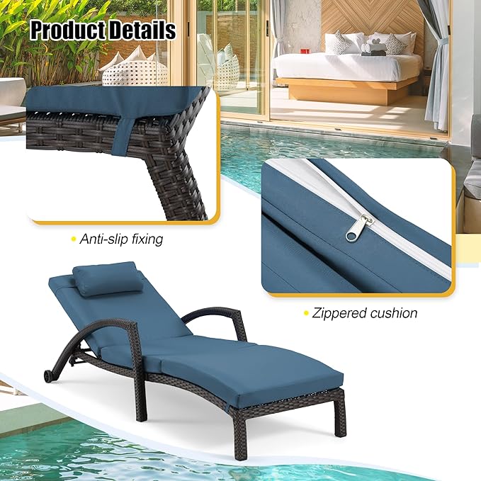 HOMREST Chaise Lounge Chairs Set of 6, PE Rattan Wicker Patio Lounge Chair with Adjustable 5 Position, Arm and Wheels for Poolside Backyard Deck Porch,Dark Blue