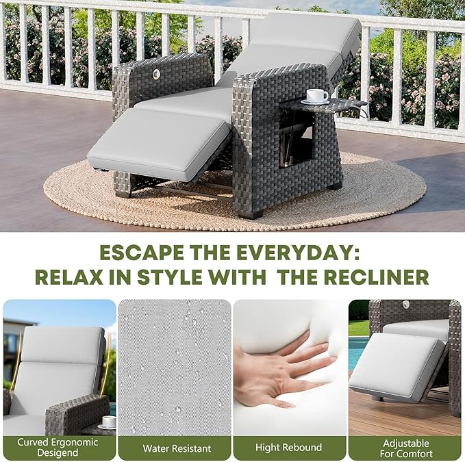 WACASA Outdoor Recliner Chair with Independent Dual-Control ā 150° Lay-Flat Wicker Patio Armchair with Air Pump, Flip-Up Side Table, Extended Footrest & 5" Thick Fade-Resistant Olefin Cushions