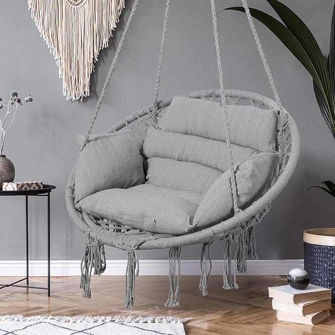 Goutime Hammock Chair, Macrame Hanging Swing Chairs with Cushion and Hardware Kit,Adult Boho Swings for Outside,Patio,Balcony,Bedroom (Light Grey)