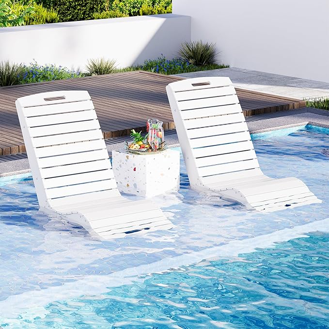 MELLCOM HDPE Pool Lounge Chair, in Pool Lounge Chair up to 10-Inches of Water, Chaise Lounge Chair with Wheels, S Shape Patio Lounge Chair for Pool, Deck, Garden, Beach, White