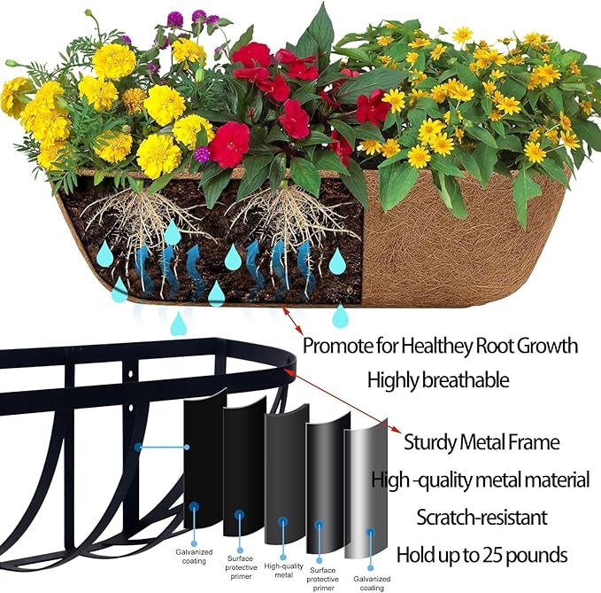 2 Pack 30" Railing Planter Window Box with Coco Fiber Liner Horse Trough Planter The Railing Planter Boxes for Deck Porch Fence Outdoor