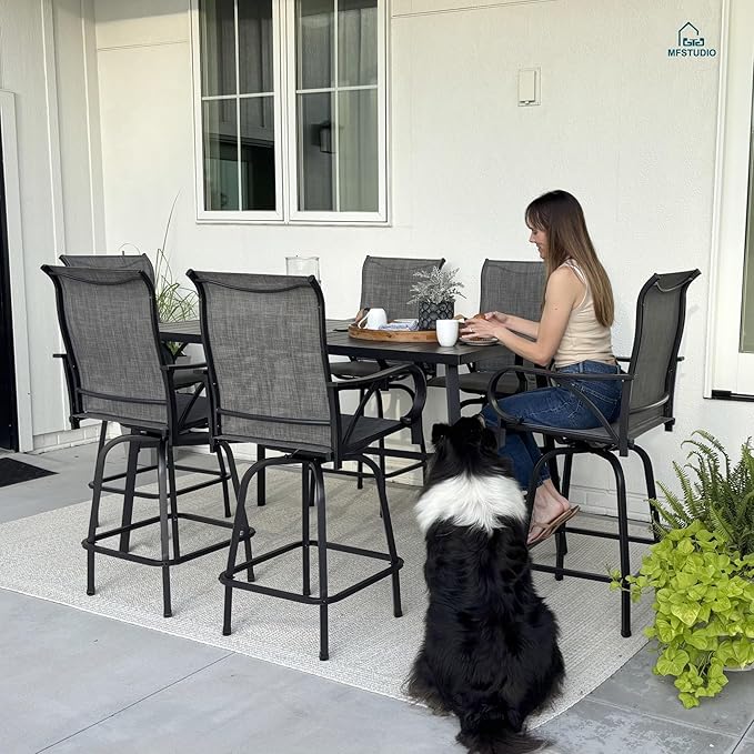MFSTUDIO Outdoor Bar Stools Set of 6, Swivel Bar Height Patio Chairs Outdoor Barstools High Top Patio Swivel Bar Chairs with Armrest, Breathable Textilene, Grey