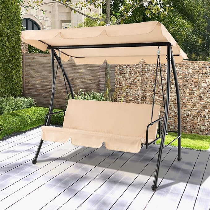 Tangkula 2 Person Porch Swing, 2-in-1 Convertible Outdoor Swing Bed with Adjustable Canopy, Removable Cushions, Solid Metal Frame, Outside Patio Swing for Backyard, Poolside, Deck