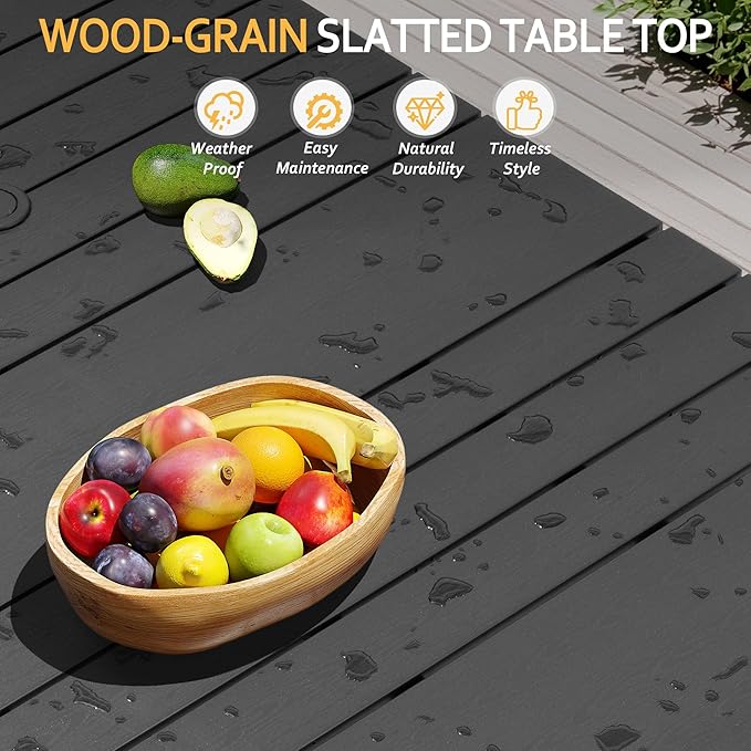 70 Inch Outdoor Patio Dining Table for 6 with Wood-Like Top & Umbrella Hole, Black All-Weather Deck & Backyard Table