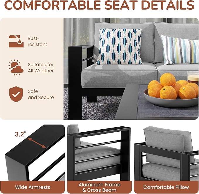 Solaste Aluminum Patio Furniture Set with 55 inch Fire Pit Table, 5 Piece Metal Outdoor Furniture with Water-Resistant Cushion, Modern Patio Conversation Set for Balcony, Front Porch, Backyard, Black
