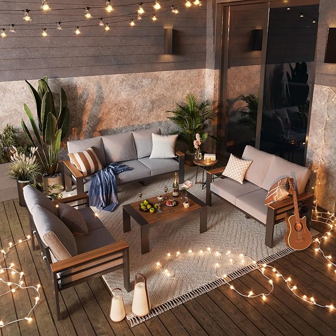 Aoxun Aluminum Outdoor Patio Furniture Set, 7 Seats Outdoor Sectional with Coffee Table, Patio Conversation Sets with Upgraded Armrests and Cushions for Backyard, Garden and Poolside(Grey)