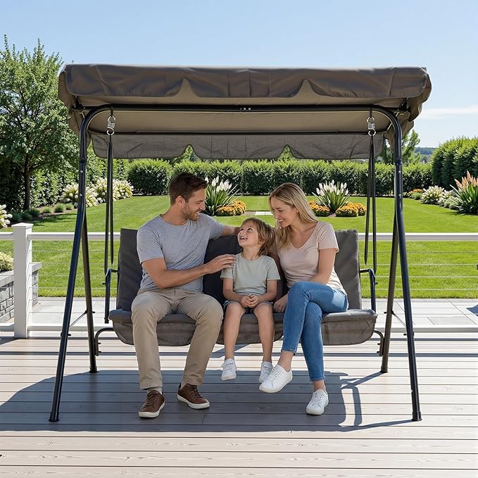 3 Person Porch Swing Chair,Outdoor Patio Swing Chair with Adjustable Canopy and Armrests,Breathable Fabric Seat & Backrest,Outdoor Swing for Backyard, Garden, 600 Lbs Max Load