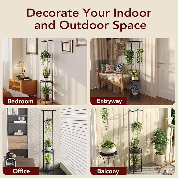 Plant Stand Indoor Outdoor - Heavy Duty Metal 2-tier Hanging Plant Holder Space-Saving Iron Plant Stands Tall Plant Shelf for Living Room Garden Balcony(Black)