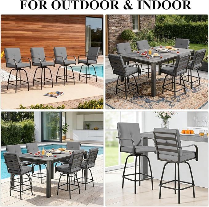 Patio Swivel Bar Stools, Outdoor Bar Height Swivel Chairs Set of 4 with Cushion & All Weather Steel Frame for Backyard, Lawn, Poolside and Balcony, Dark Grey