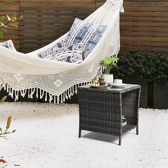 Wicker Rattan Side Table, Outdoor Square Rattan Coffee End Table with Tempered Glass Top and Storage for Patio Porch Lawn (Gray)
