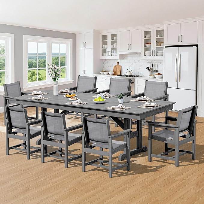 SERWALL 9 Piece Outdoor Dining Set, 84" HDPE Outdoor Large Table and Texilene Chairs for 8,All Weather Patio Dining Furniture Set with Umbrella Hole for Backyard, Garden, Gray