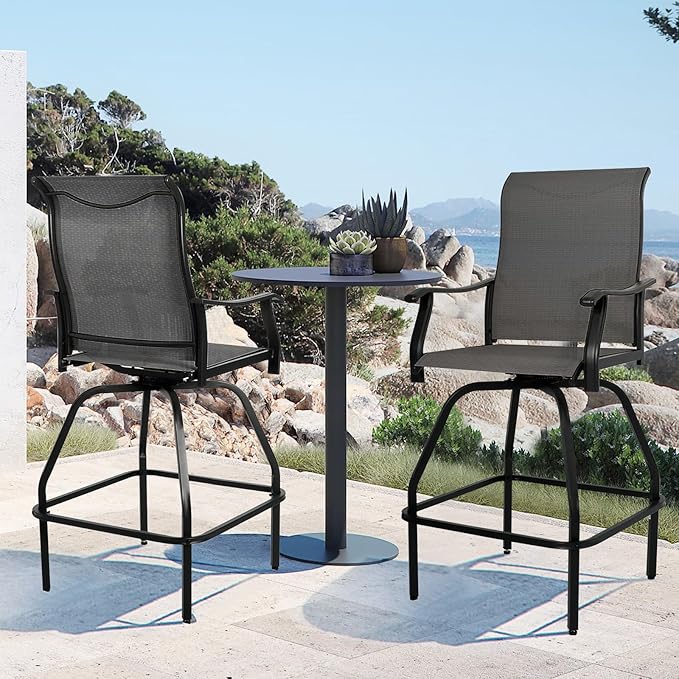LEVELEVE Patio Bar Set 2pcs Swivel Bar Stools Outdoor Bistro Textilene Furniture Stability All-Weather Set with Height Table (2, Grey Fabric)