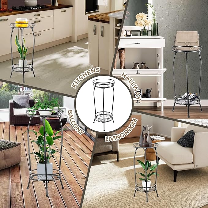 Plant Stand Indoor Outdoor,Tall Black Metal Rustproof Stable Plant Stands,2 Tier 27.1 inch Multiple Plant Rack Holder Rack Flower Pot Stand Heavy Duty Plant Shelf