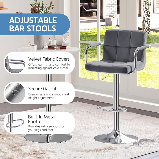 Yaheetech Counter Height Bar Stools Set of 2 Velvet Swivel BarStools for Kitchen Stool Height Adjustable Counter Stool Barstools with Armrest, Velvet, Grey