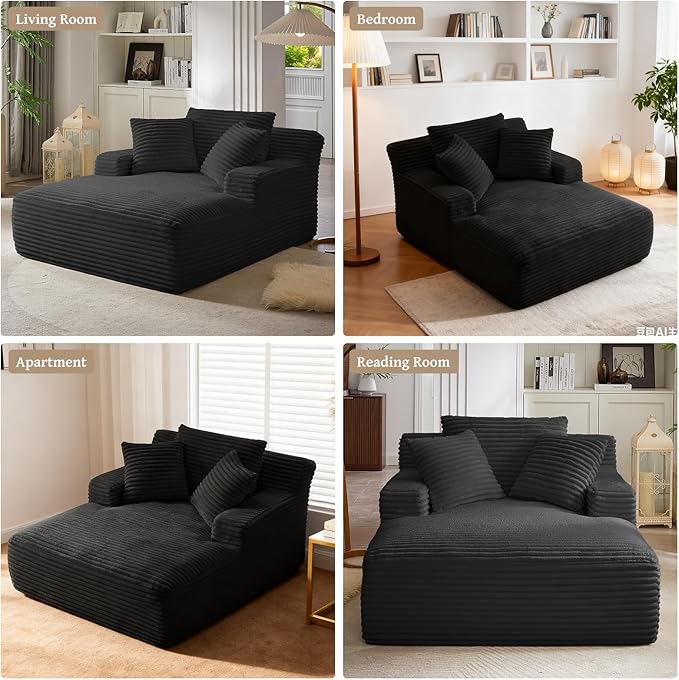 66" Chaise Lounge Chair Indoor, Oversized Boneless Couch Comfy Upholstered Sleeper Sofa Bed with 3 Pillows, Corduroy Cloud Reading Chair for Living Room No Assembly Required, Black