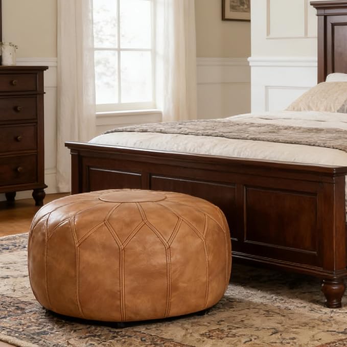 Thgonwid Unstuffed Moroccan Faux Leather Pouf Ottoman with Storage - Handmade Boho Chic Multi-Use Footrest for Living Room, Bedroom, Patio - Round Ethnic Floor Cushion & Decorative Accent, Khaki