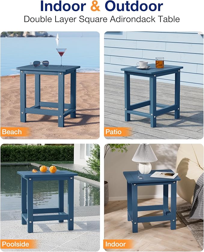 YEFU Outdoor Side Table for Patio: 16" HIPS Weather - Resistant Adirondack Tables - Waterproof Small Square End Tables for Backyard Pool Porch Balcony - Indoor Outdoor Durable Table Navy Blue