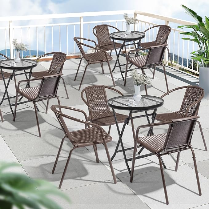 VINGLI PE Rattan Outdoor Dining Chairs Set of 2, Plastic Stackable Patio Chairs for Indoor, Porch, Restaurant, Garden, Brown