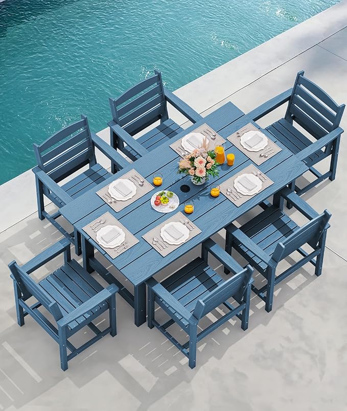 SERWALL 8-Piece Patio Dining Sets with 15FT Double Side Patio Umbrella, Outdoor HDPE Dining Furniture Set with Umbrella Hole Cut-Out Table and 6 Chairs, Blue(Umbreall Base not Included)