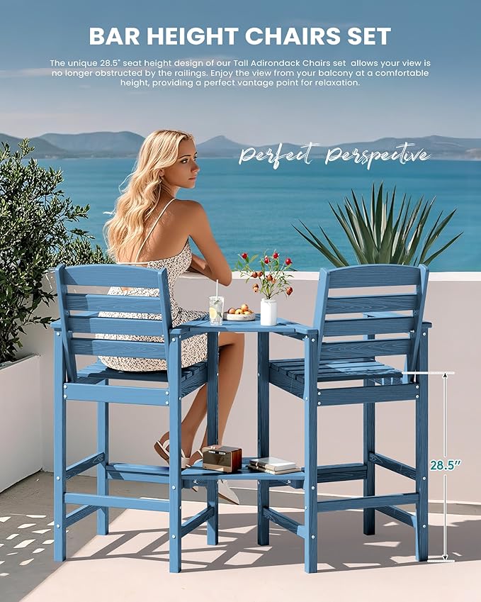 SERWALL Tall Adirondack Chairs Set of 2 with Connecting Table, Blue