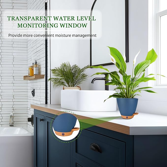 6 Inch Self Watering Pots for Indoor Plants (5-Pack) β Small Plastic Planters with Water Window, Drainage Holes & Trays, Indoor Outdoor Flower Pots for Herbs, Succulents, Home Garden Decor (Navy Blue)