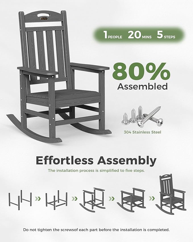 Oversized Outdoor Rocking Chairs Set of 4, High Back Porch Rocker Chair, HDPE All Weather Resistant Rocking Chairs for Patio, 380lbs Weight Capacity, Dark Grey