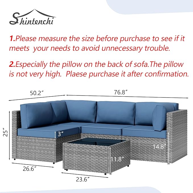 Shintenchi 5 Pieces Outdoor Patio Furniture Sets, Patio Sectional Sofa Couch, Gray PE Wicker Furniture Modular Patio Conversation Sets Patio Sofa with Washable Cushions & Table(Aegean Blue)