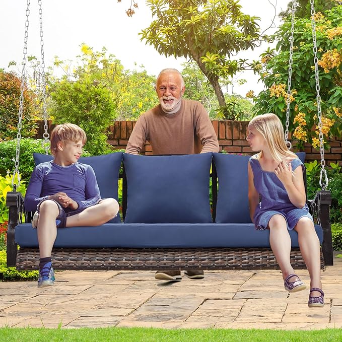 3-Person Wicker Porch Swing Chair Heavy Duty 900 LBS Outdoor Rattan Patio Swing Chair w/Cup-Holder & Steel Chains Hanging Bench Porch Swing Cushions for Deck & Backyard & Garden