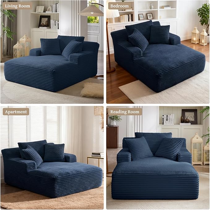 66" Chaise Lounge Chair Indoor, Oversized Boneless Couch Comfy Upholstered Sleeper Sofa Bed with 3 Pillows, Corduroy Cloud Reading Chair for Living Room No Assembly Required, Blue