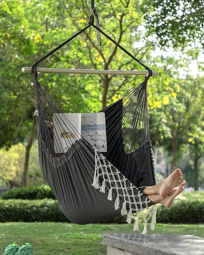 MIZTLI Hammock Chair Hanging Chair Swing Chair XXL Large Macrame Swing Indoor Hammock for Bedroom - Max 500 Lbs - All Hanging Kit Included