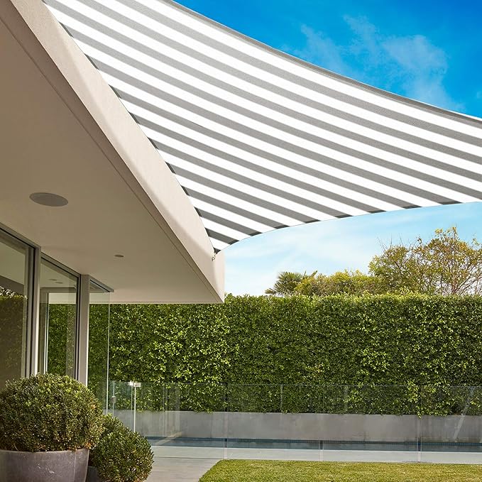 E&K Sunrise 28' x 28' x 28' Sun Shade Sail Triangle Canopy Shade Cover UV Block for Patio Backyard Garden Outdoor (Gray White Strip)