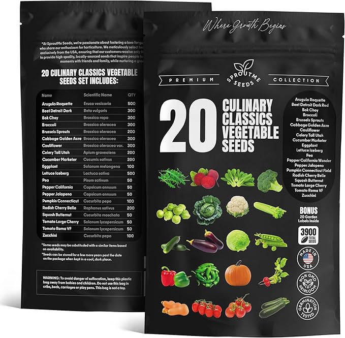 Vegetable Seeds Variety Pack – Tomato, Cucumber, Zucchini, Lettuce, Broccoli & Cabbage – 20 Varieties, 3900+ Non-GMO Heirloom Seeds, Indoor & Outdoor Garden