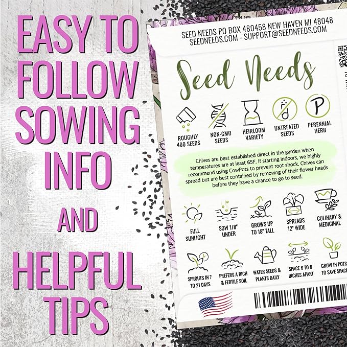 Seed Needs Borage & Chives Seeds for Planting Fresh Kitchen Herbs - Non-GMO Heirloom & Untreated Perennial Herb Seed to Plant a Culinary Garden Indoors or Outdoors (2 Pack Duo)