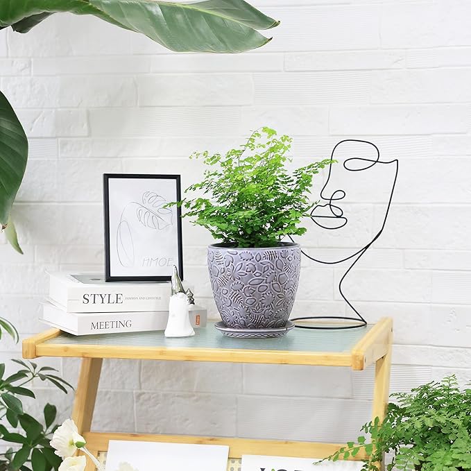 6 Inch Retro Ceramic Planter Set of 2 with Drainage Hole and Saucer for Plants, Indoor-Outdoor Garden Pots for Succulents, Orchids, and Flowers (Fits Inner Pots Up to 5 Inches, Light Blue)