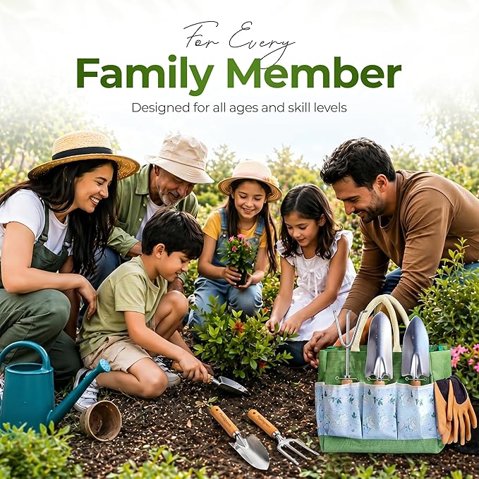 Gardening Tools Set with Organizer Handbag 9-Piece, Heavy‑Duty Rust‑Proof Garden Hand Tools, Wooden Handles,15 Plant Tags, Ideal Gardening Gift for Men & Women