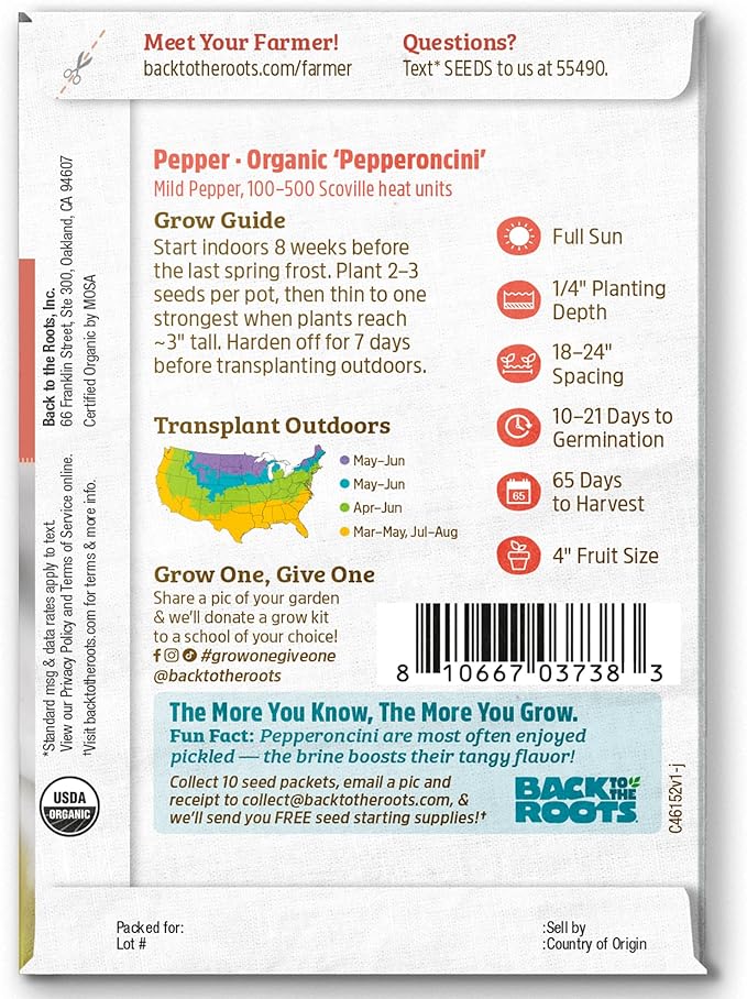 Back to the Roots 100% Organic Heirloom Seeds - Pepper 'Pepperoncini' Value Pack
