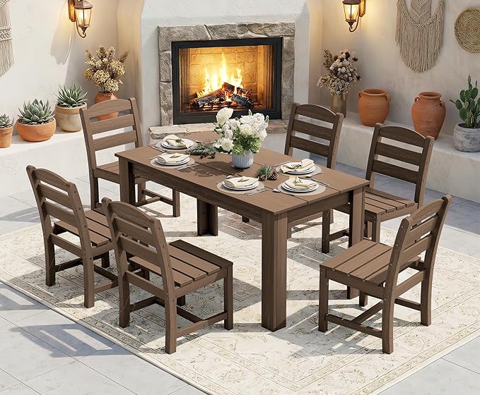 SERWALL Outdoor Dining Sets for 10, HDPE Dining Sets for 10 Person with 2 Rectangular Tables and 8 Armless Chairs and 2 Armchairs, Patio Dining Sets for Garden, Backyard, Poolside, Brown