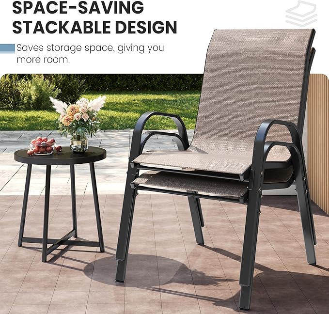 Patio Dining Chairs Set of 2, Outdoor Stackable Chairs, Breathable Seat and Alloy Steel Frame Fit for Backyard,Garden,Porch, Lawn,Poolside (Light Brown)