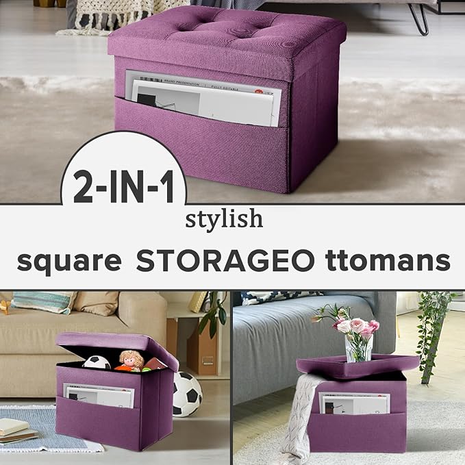 LINMAGCO Storage Ottoman Folding Foot Stool Foot Rest with Side Pocket Modern Ottoman with Storage Short Sofa Stool Linen Cloth 17x13x13(Purple)