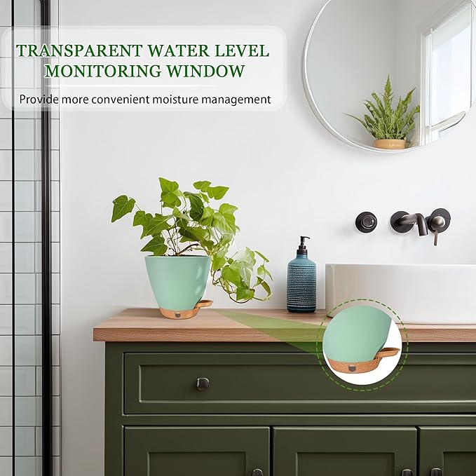 6 Inch Self Watering Pots for Indoor Plants (5-Pack) β Small Plastic Planters with Water Window, Drainage Holes & Trays, Indoor Outdoor Flower Pots for Herbs, Succulents, Home Garden Decor (Green)